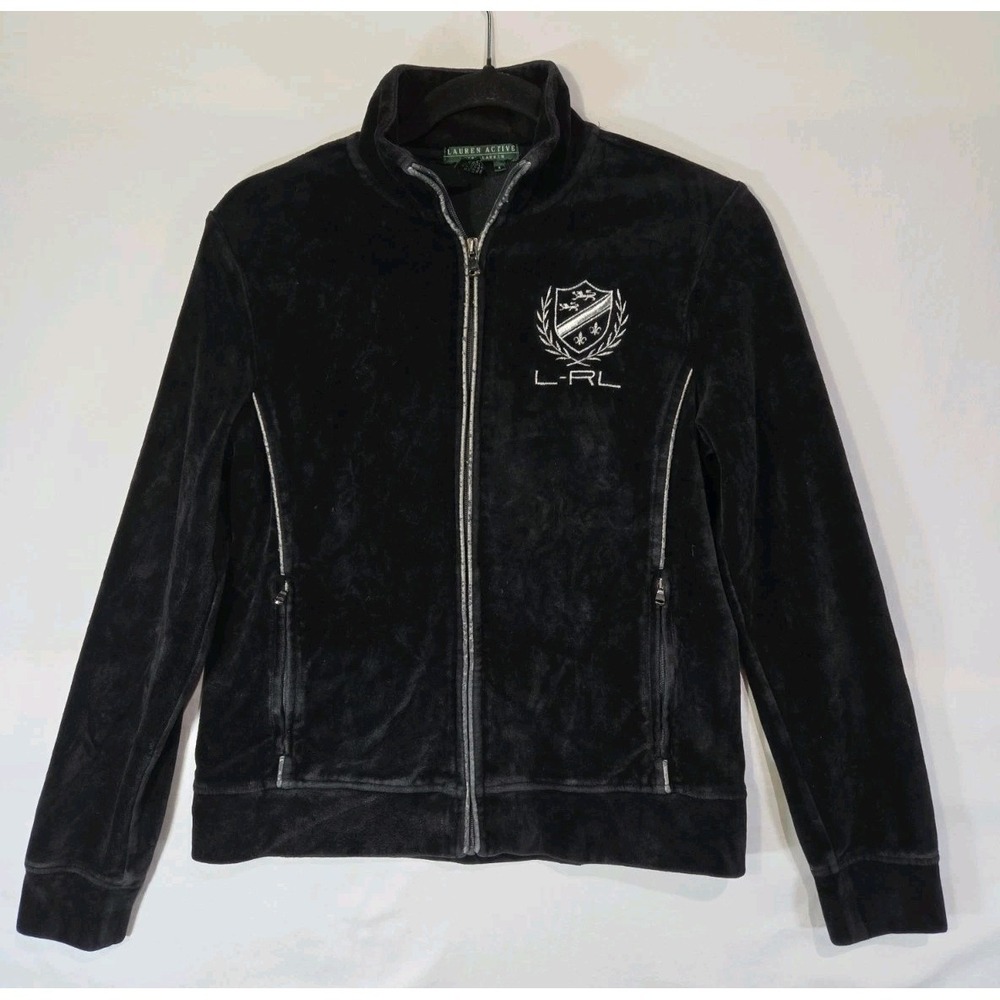 Lauren Active Ralph Lauren Track Jacket Women Small Black Velour Logo Crest